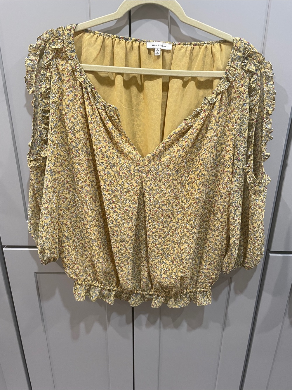 Max Studio Yellow Micro-Floral Cold-Shoulder Blouse